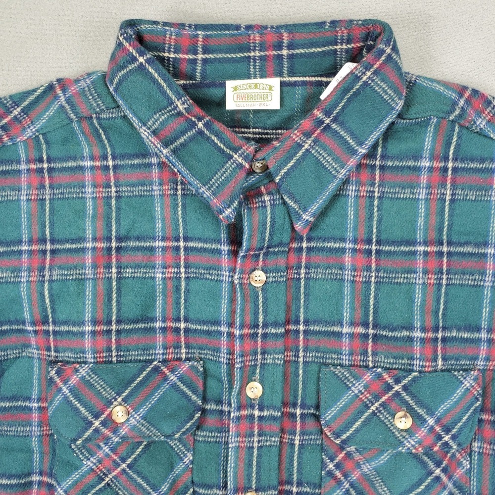 Five Brother‎ Flannel Shirt Mens Sz 2XL Tall Green Plaid Button Up Workwear USA